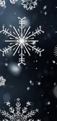 This phone live wallpaper features a stunning black and white photograph of intricate snowflakes
