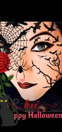 This stunning phone wallpaper is a gothic-inspired vector artwork featuring a woman with a rose and a spider on her face, perfect for those who love dark aesthetics