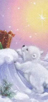 This phone live wallpaper depicts a heartwarming painting of two polar bears blissfully playing in the snowy wilderness