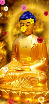 This golden buddha live wallpaper depicts a serene buddha statue surrounded by detailed golden leaves in cloisonnism style