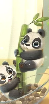 This cellphone wallpaper features a delightful digital rendering of a couple of pandas lounging on a glass bowl