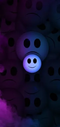 This phone live wallpaper features a group of cheerful smiley faces surrounded by a vibrant cloud of smoke