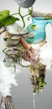 This live phone wallpaper showcases a stunning painting of a tree with a pot on top, utilizing the inspiration of ecological art and human anatomy