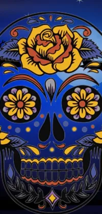 Looking for a vibrant and unique live wallpaper for your phone? Look no further than this stunning digital art scene! Featuring a gorgeous blue and yellow painted skull adorned with a delicate rose, this Mexican folk art-inspired image adds a touch of cultural flair to your device