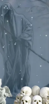 Experience the haunting beauty of this live wallpaper on your phone! Depicting a mysterious hooded figure wielding a scythe in the snow, this painting is inspired by fantasy fiction and elven realms