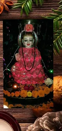 This stunning phone live wallpaper features a vibrant image of a woman in a red dress blessing the soil with a samikshavad wooden statue at night