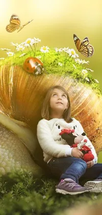 This live wallpaper features a digital art depicting a little girl riding on a snail in an enchanted forest