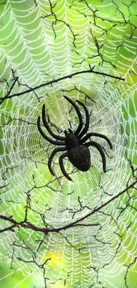 This live wallpaper, available on your phone, showcases a stunning spider web in the green light of dawn