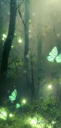 This phone live wallpaper features green butterflies flying through a forest in a digital art scene