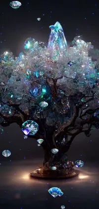 This phone live wallpaper features a stunning crystal tree sitting on a table