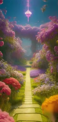 Transform your phone's background into a stunning garden filled with captivating pink flowers with this live wallpaper! Enjoy the breathtaking digital art of this fantasy-inspired landscape, complete with a scenic pathway and a colorful spectrum of vibrancy