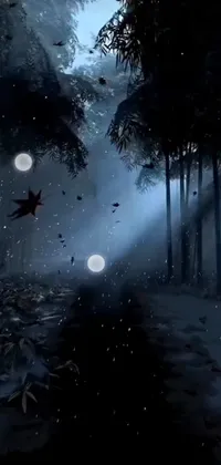 This stunning phone live wallpaper features a mystical and surreal scene of a night forest