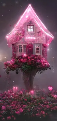Adorn your smartphone with this magical-realistic live wallpaper displaying a pink house, surrounded by a vivid field of flowers