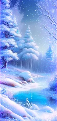 This snowy phone live wallpaper features a stunning airbrush painting of a winter river surrounded by snow-covered trees