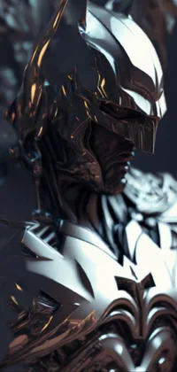 This phone live wallpaper features a stunning 3D render of a Batman statue that showcases intricate metallic details and a glowing yellow bat symbol against a futuristic, fractal cyborg ninja background