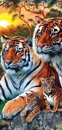 This phone live wallpaper features a stunning digital artwork of two tigers resting in a lush forest background