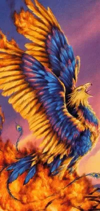 Impress your mobile screen with a stunning live wallpaper of a colorful fire-type bird flying in the sky