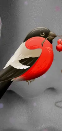 This phone live wallpaper features a charming bird resting on a cherry tree branch adorned with exquisite red berries and icicles, accentuated by digital art elements in black and red