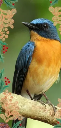 This phone live wallpaper showcases a beautifully rendered digital image of a blue and orange bird perched on a tree branch