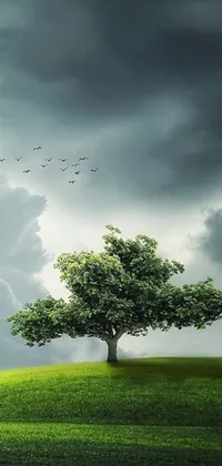 For your phone wallpaper, enjoy a stunning image of a single tree standing on a lush, green field amidst a raging storm