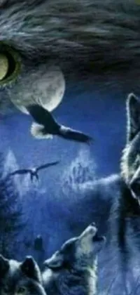 This phone live wallpaper showcases a wolf and other mystical creatures in a fantastical painting with intricate details