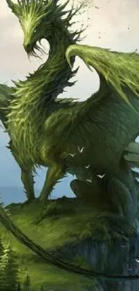 This phone live wallpaper showcases a green dragon perched atop a lush green hill, with huge feathery wings