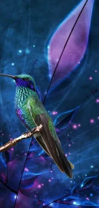 This phone live wallpaper boasts a colorful bird resting on a tree branch digitally designed with vibrant hues