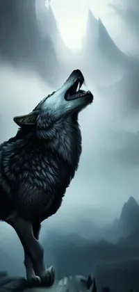 This phone live wallpaper displays a beautiful illustration of a wolf standing on a rock beside a mountain, featuring dark shading and a fantasy art style