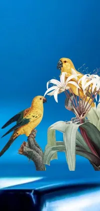 This stunning animated phone wallpaper features a pair of lovely birds perched on a tree branch amidst tropical flowers