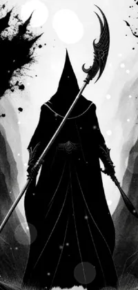 This live wallpaper features a striking black and white fantasy illustration of a mysterious dark cloaked figure holding a sharp scythe