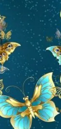 This phone live wallpaper boasts a vibrant group of butterflies on a blue background with luxurious gold trimmings