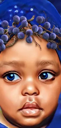 This phone live wallpaper features a charming digital art piece of a child wearing a turban adorned with blue berries