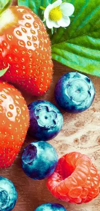 Get ready to feast your eyes on a colorful and appetizing live wallpaper perfect for your phone! This wallpaper features plump strawberries, juicy raspberries, and fresh blueberries on a rustic wooden surface