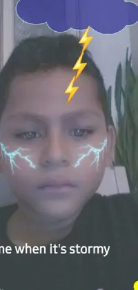 This phone live wallpaper displays a stunning image of a young child with a cloud and lightning painted on his face