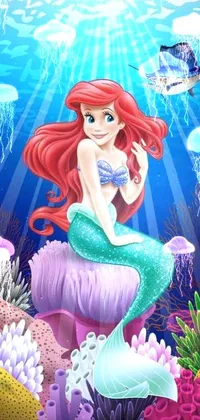 This live phone wallpaper features a stunning airbrush painting by Disney, depicting a little mermaid sitting on a rock in the foreground