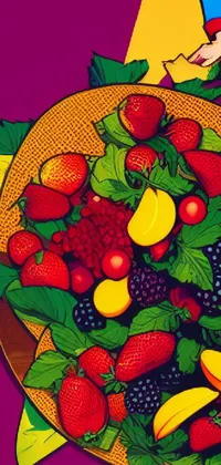 This phone live wallpaper showcases a close-up of a colorful fruit bowl sitting on a wooden table
