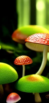 This phone live wallpaper features a captivating photograph of mushrooms resting on green leaves in a magical forest