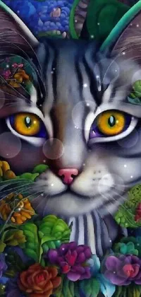 This striking phone live wallpaper features an intricately detailed airbrush painting of a cat amidst a colorful array of flowers