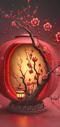 This live phone wallpaper showcases a stunning digital artwork featuring a red lantern with a tree inside and surrounded by pink plum blossoms, representing the changing seasons