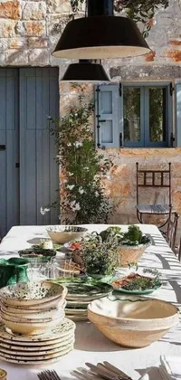 Decorate your phone screen with a vintage Mediterranean vibe with this beautiful live wallpaper! Feast your eyes on a rustic wooden table featuring an array of plates and dishes while enveloped in the richness of Reniassance architecture in the background