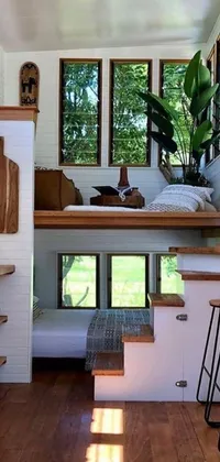 This phone live wallpaper showcases various stunning scenes including a spacious kitchen, cozy treehouse bedroom, and a tropical beach
