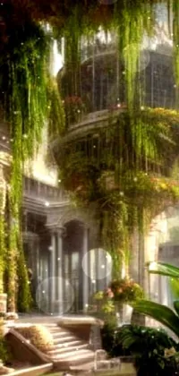 This live wallpaper depicts a garden with sprawling green plants and a futuristic Persian palace in the background