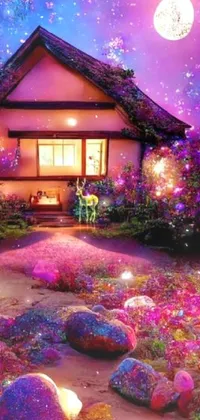 This phone live wallpaper showcases a stunning digital art scene featuring a charming house surrounded by colorful flowers and flickering candles