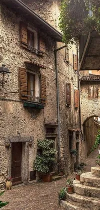 This phone live wallpaper features a stunning narrow alley adorned with stone buildings and potted plants