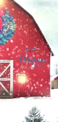 Looking for a charming and festive phone wallpaper? Look no further than this digital rendering of a red barn with a wreath on the front! The background features a snowy field, further adding to the winter wonderland vibe
