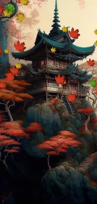 This stunning live wallpaper captures a 3D rendering of a magnificent pagoda resting atop a mist-shrouded mountain peak