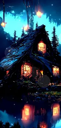 This live wallpaper displays a digital art scene of a house situated in a serene lake at night