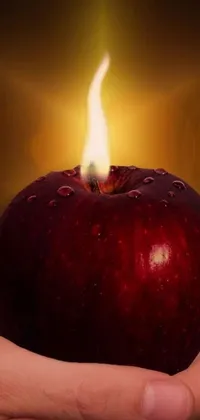 This phone live wallpaper showcases a stunning close up of a hand holding an apple