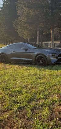 This live wallpaper depicts a sleek, dark-washed tint black Mustang parked in the luscious green grass