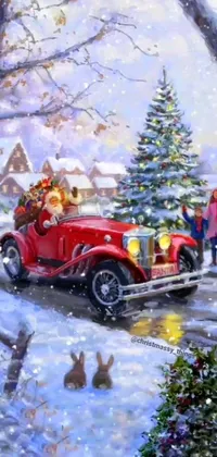 "Get into the holiday spirit with this beautiful phone live wallpaper featuring a vintage red car with a Christmas tree in the back